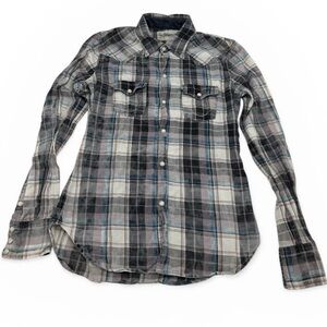 TRUE RELIGION Women's Blue Grey Cream Plaid Button-Down Western Shirt Size Small